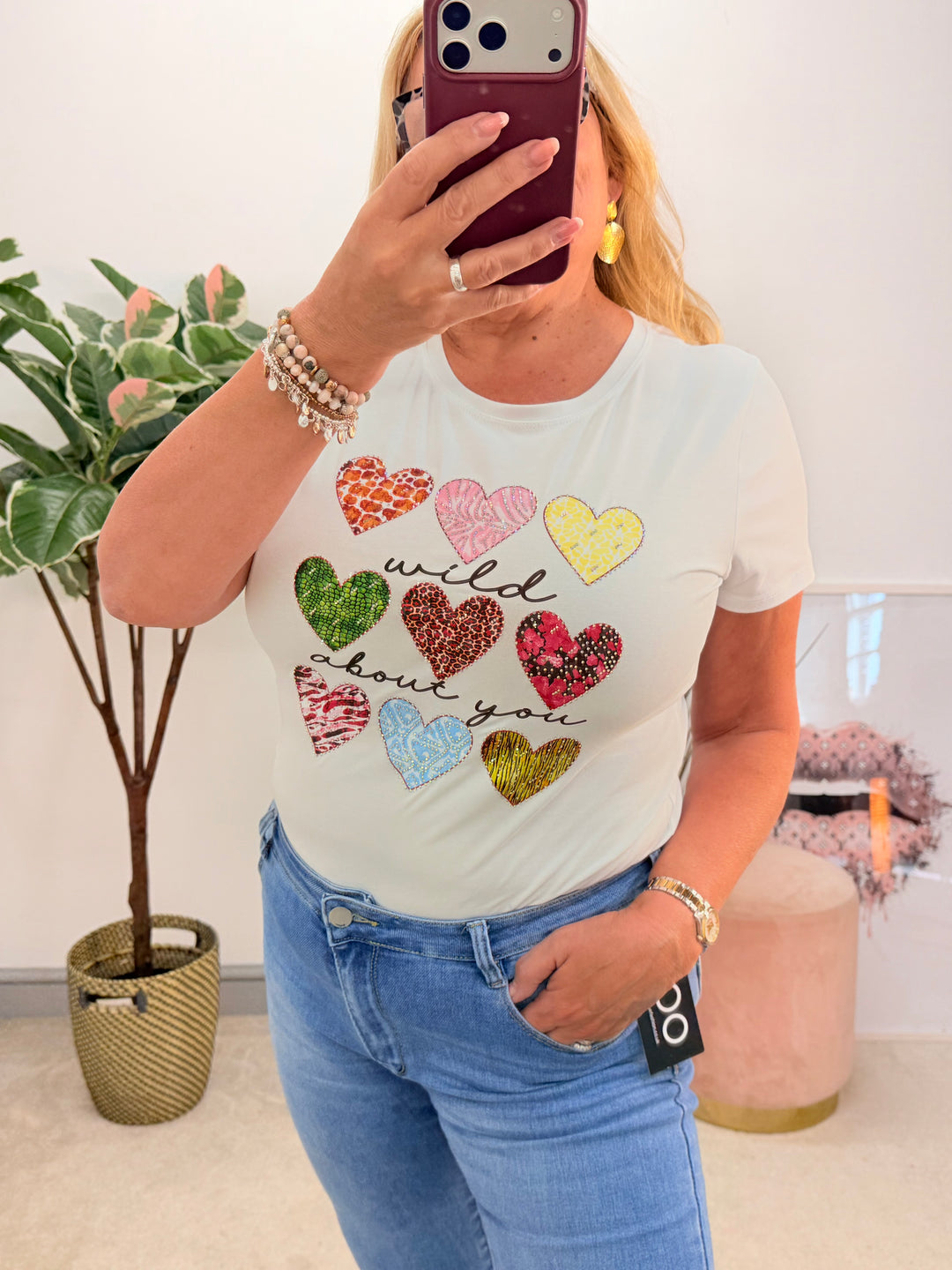 Ladies Stretch Sparkly Heart T Tee Shirt - Black & White