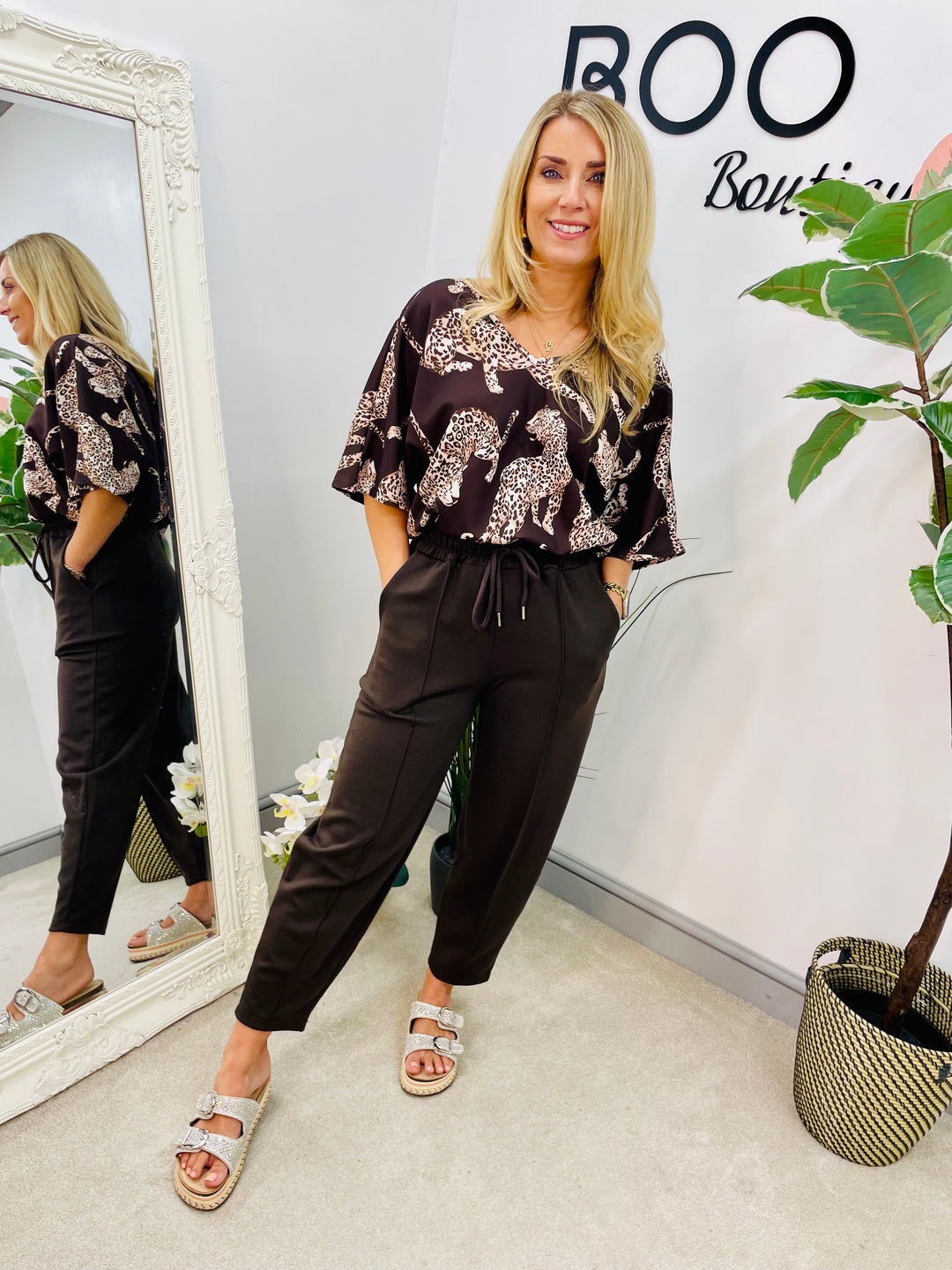 LADIES LEOPARD PRINT TAPERED TROUSERS CO ORD SET - NAVY, TAUPE & BROWN