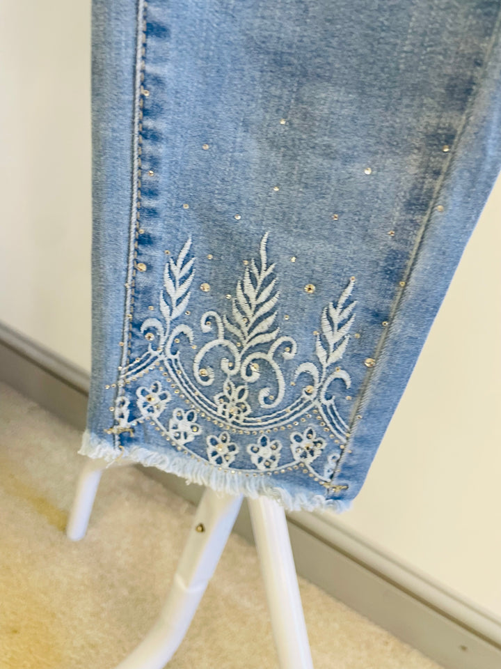 LADIES WOMENS BLUE DENIM SKINNY EMBELLISHED ANKLE JEANS