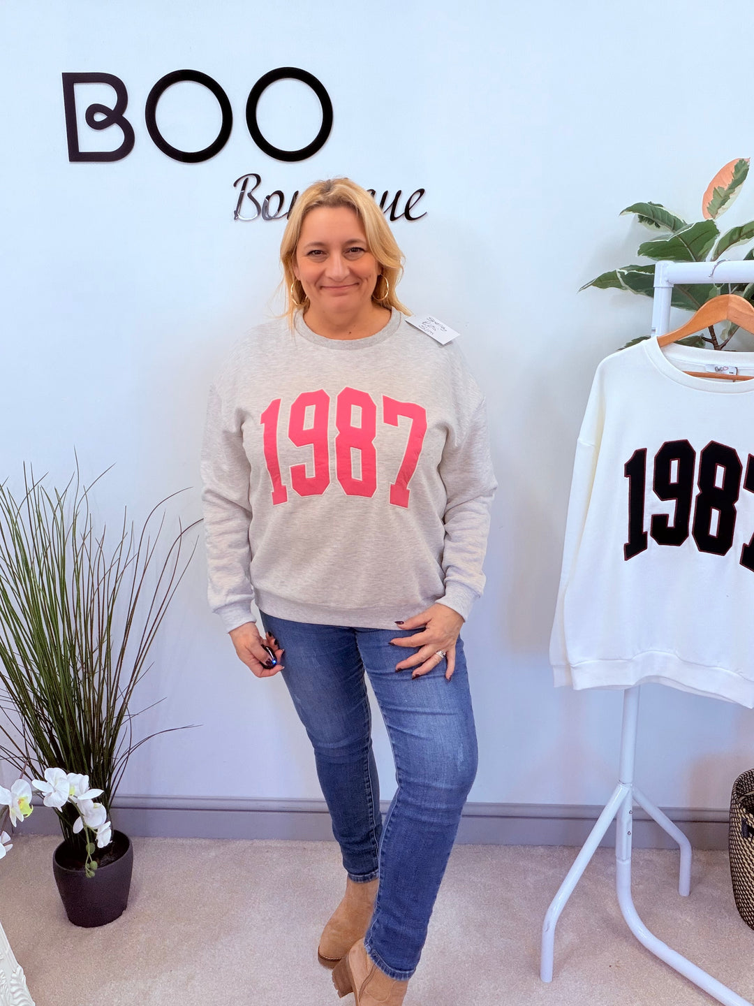 LADIES FASHION FLEECE LINED SWEATSHIRT TOP - GREY & WHITE