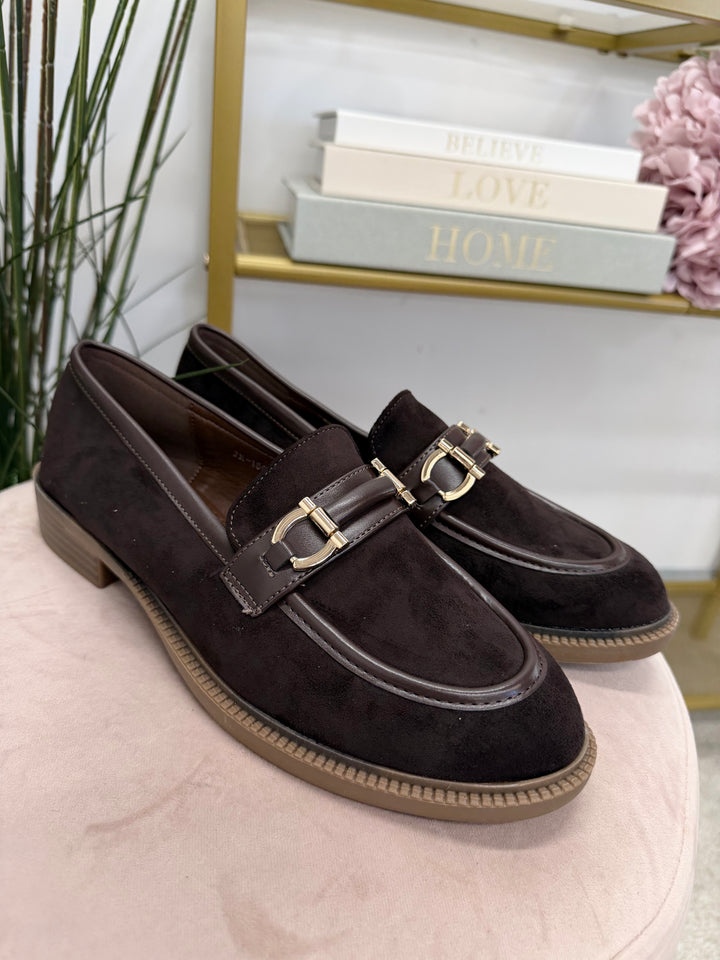 Ladies Fashion Chocolate Brown Faux Suede Flat Loafer Shoes 