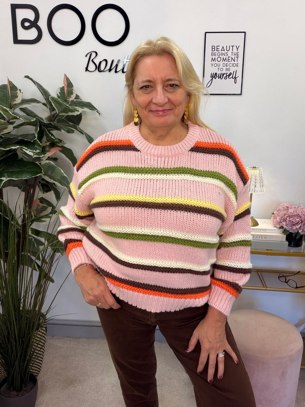 Women’s pink chunky knit stripe jumper 