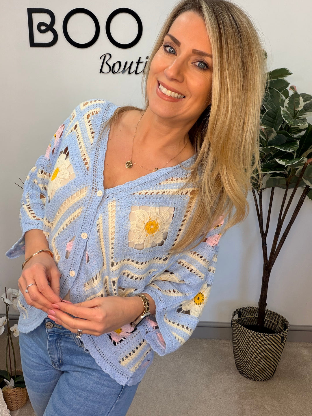 Ladies Fashion Crochet Shrug Cardigan - lemon, blue & pink