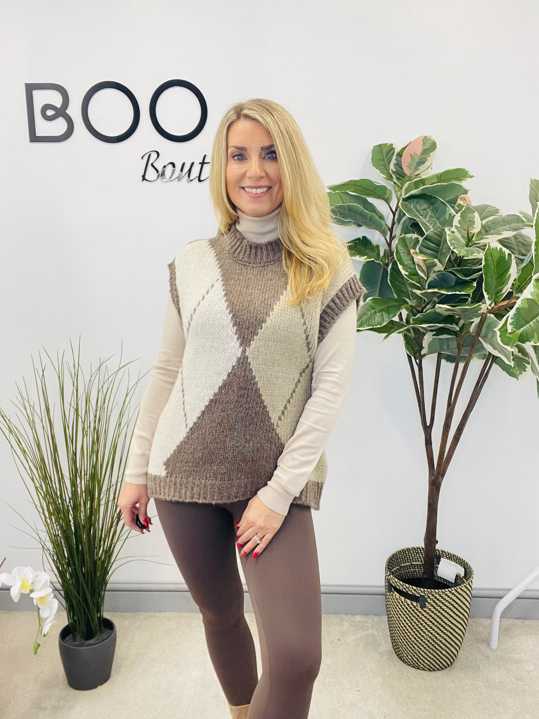 LADIES ARGYLE KNIT TANK TOP - MOCHA, BEIGE, BROWN