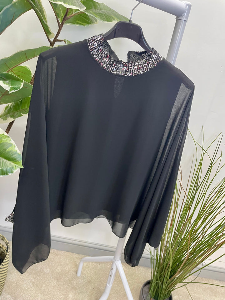 LADIES CHIFFON FLOATY SEQUIN PARTY TOP - BROWN, BLACK, BERRY