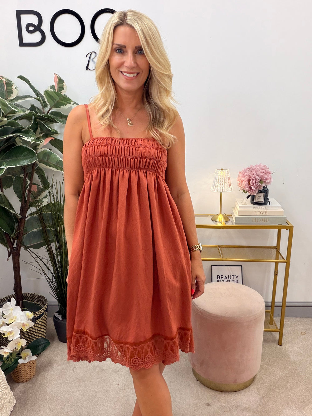 Ladies Pretty Cami Lace Summer Dress - Black, White, Rust & Brown