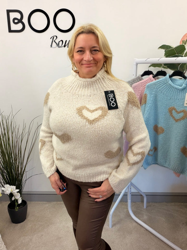 LADIES FASHION CHUNKY KNIT HEART JUMPER - PINK, BLUE, BEIGE & GREY