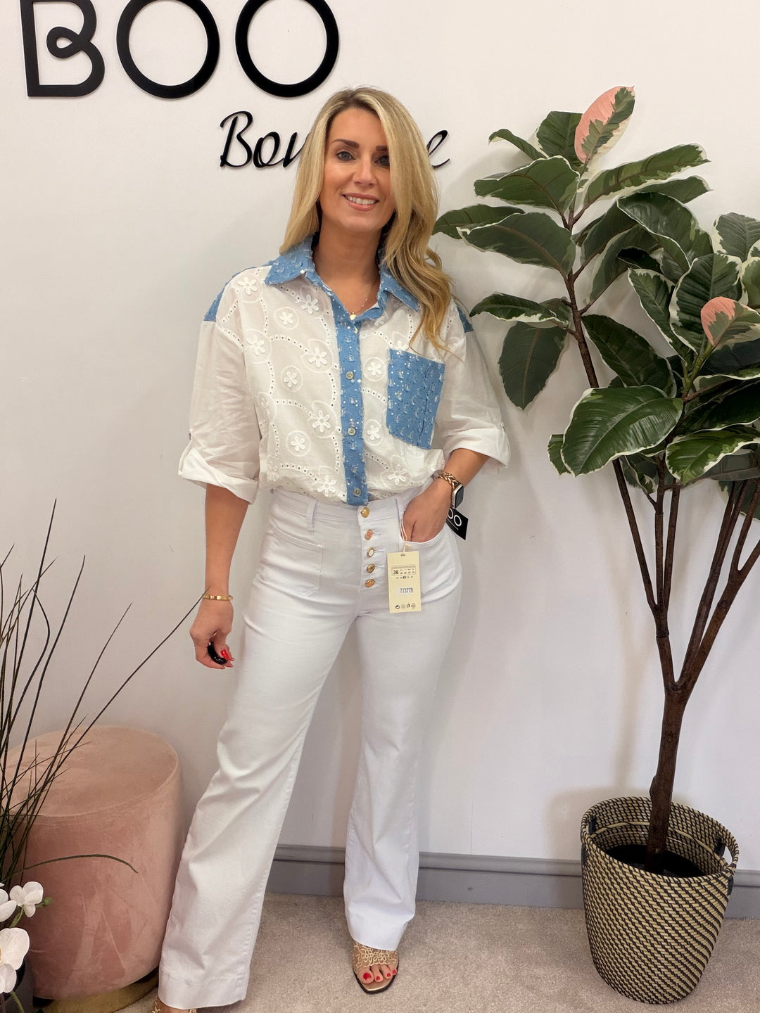 Ladies Fashion White Broderie Anglaise Shirt Blouse