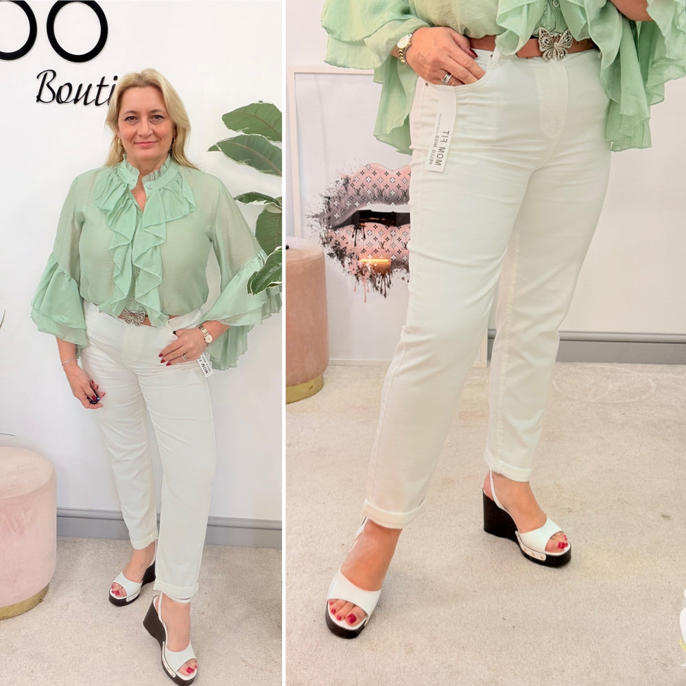 Ladies Fashion White Mom Fit  Stretch Jeans