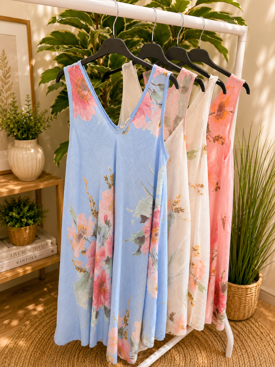 Ladies Flower Print Cotton Sun Dress - White, Pink, Blue