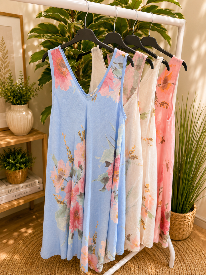 Ladies Flower Print Cotton Sun Dress - White, Pink, Blue