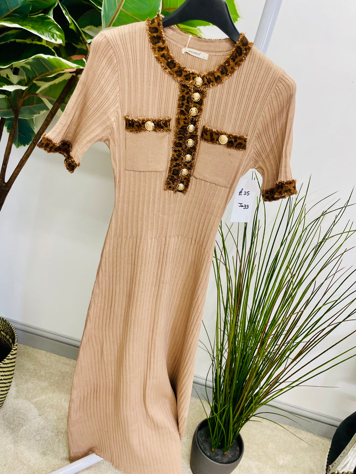 LADIES STRETCH RIBBED KNIT LEOPARD DETAIL MAXI DRESS - WHITE, BLACK, BEIGE & BROWN