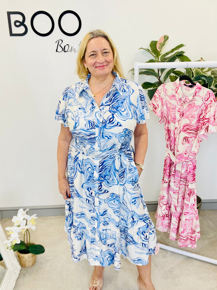 LADIES BLUE SHIRT STYLE SUMMER MIDI DRESS