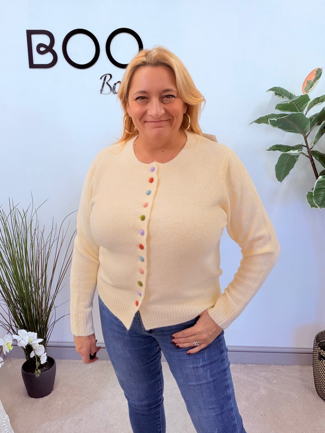 LADIES CREAM MULTI COLOURED BUTTON CARDIGAN TOP