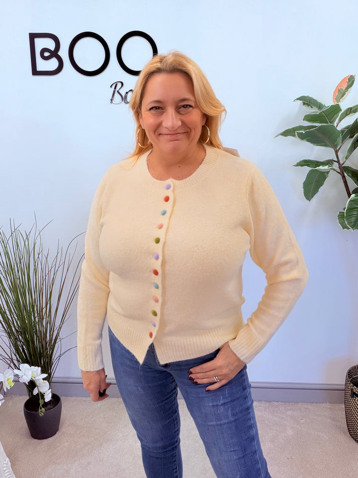 LADIES CREAM MULTI COLOURED BUTTON CARDIGAN TOP