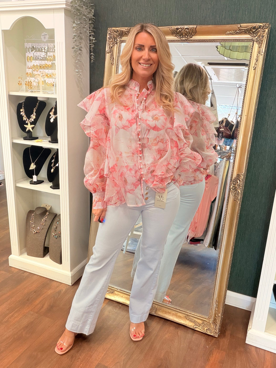 Ladies Sheer Pink Frill Blouse Top