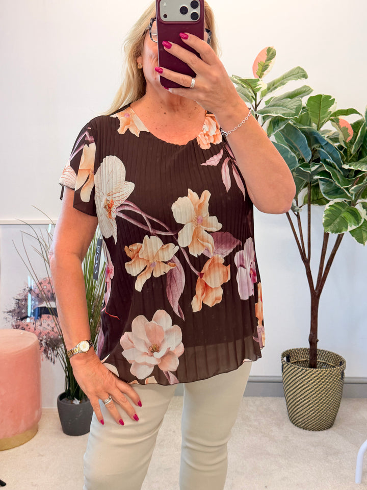 Ladies Pleated Floral Print Chiffon Top - Black, Cream, Blue, Lemon, Pink, Navy, Brown