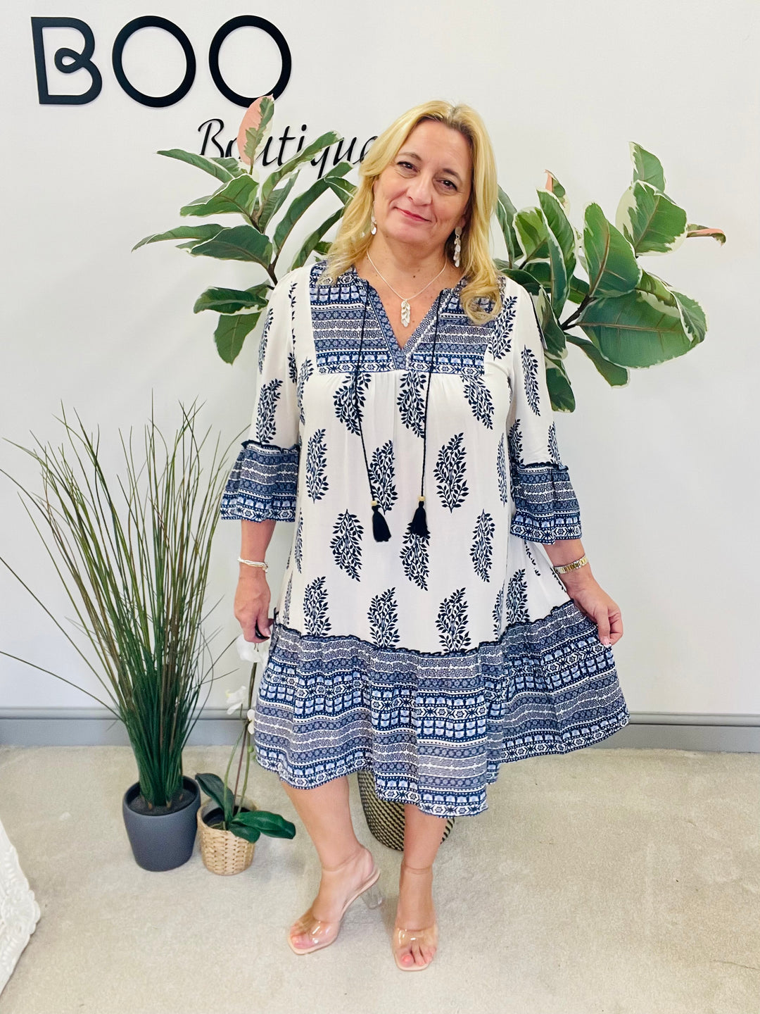 LADIES WOMENS NAVY & WHITE PAISLEY PRINT SWING SMOCK SUMMER HOLIDAY DRESS