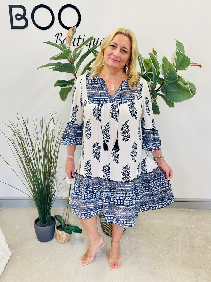 LADIES WOMENS NAVY & WHITE PAISLEY PRINT SWING SMOCK SUMMER HOLIDAY DRESS