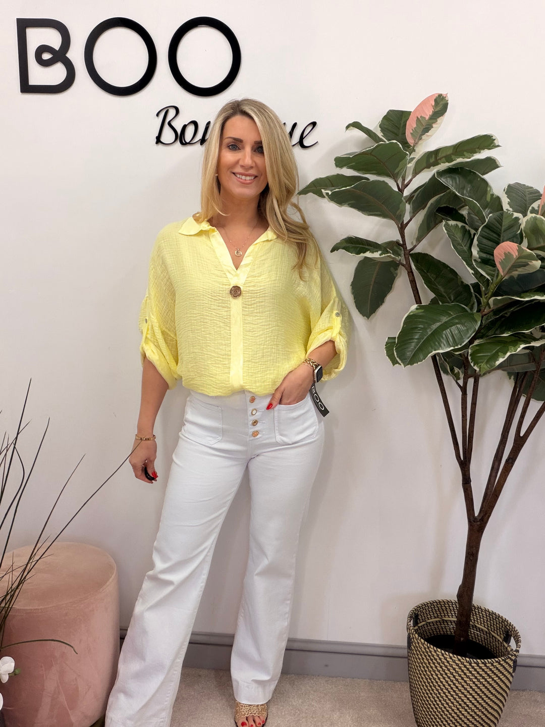 Ladies Fashion Grandad Style Top Blouse - Pink, Lemon, White & Blue