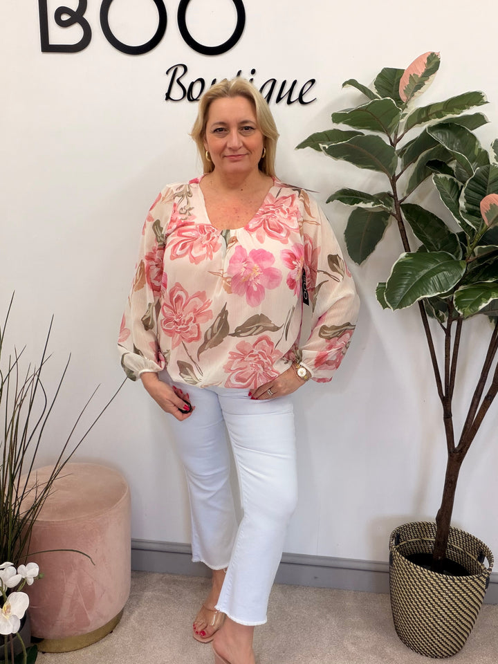 Ladies Fashion Flower Chiffon Blouse Top - Pink, Navy & Blue