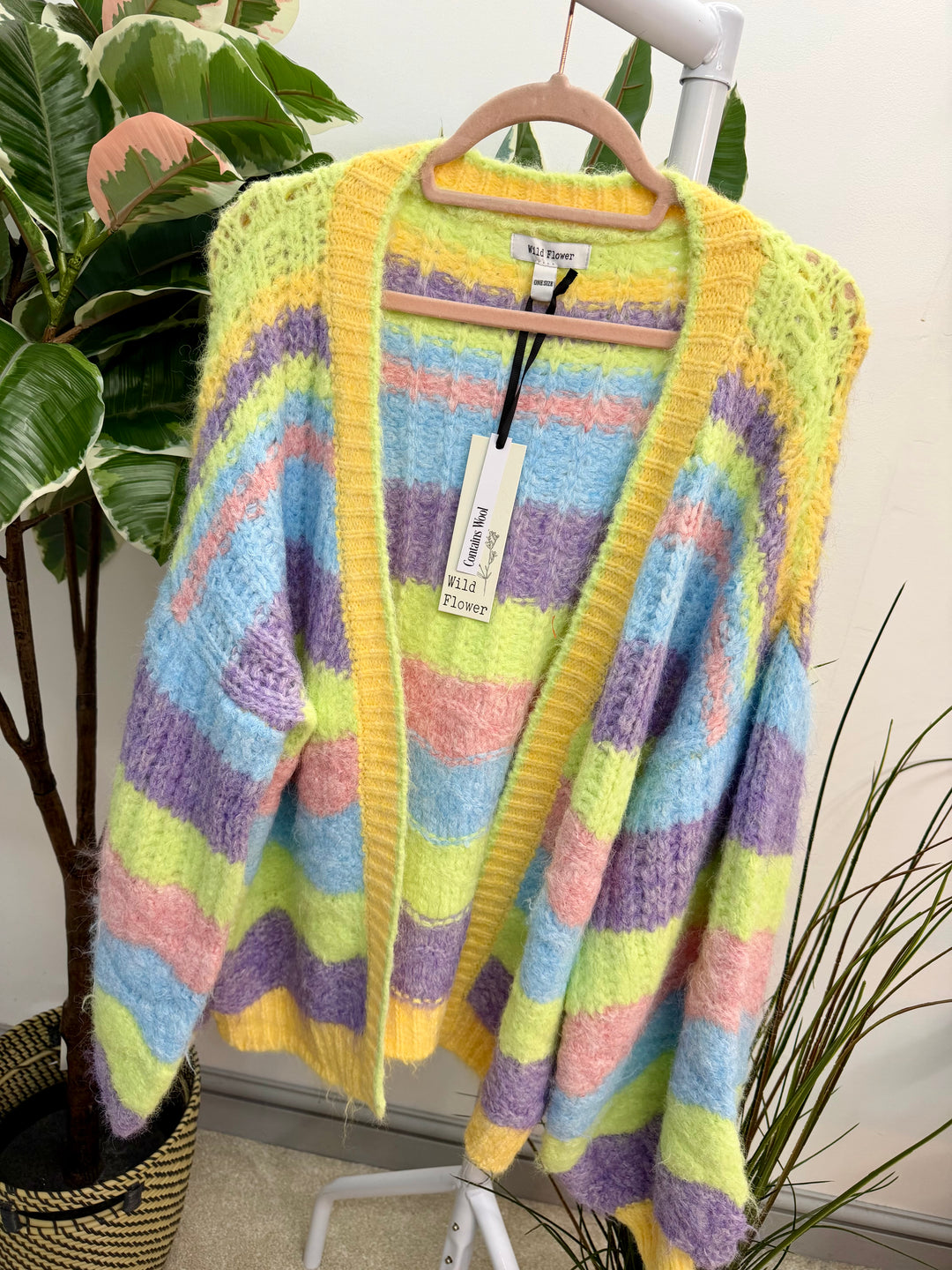 LADIES RAINBOW PASTEL STRIPE CHUNKY KNIT OVERSIZE CARDIGAN