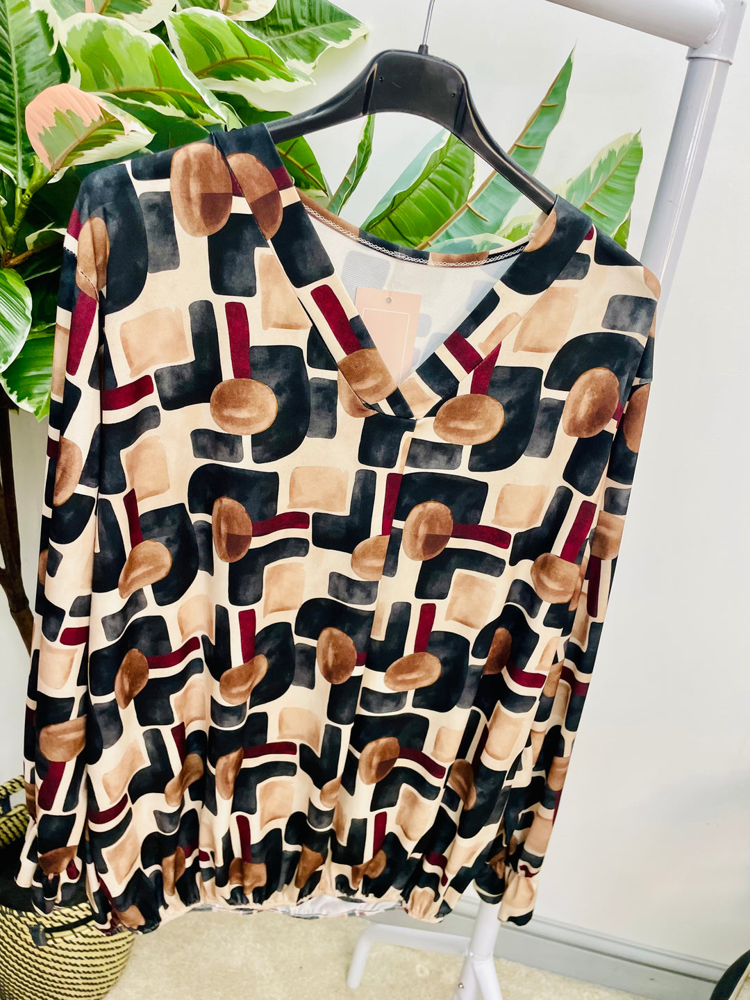 LADIES RETRO PRINT TOP BLOUSE - BLACK, BROWN, BURGUNDY