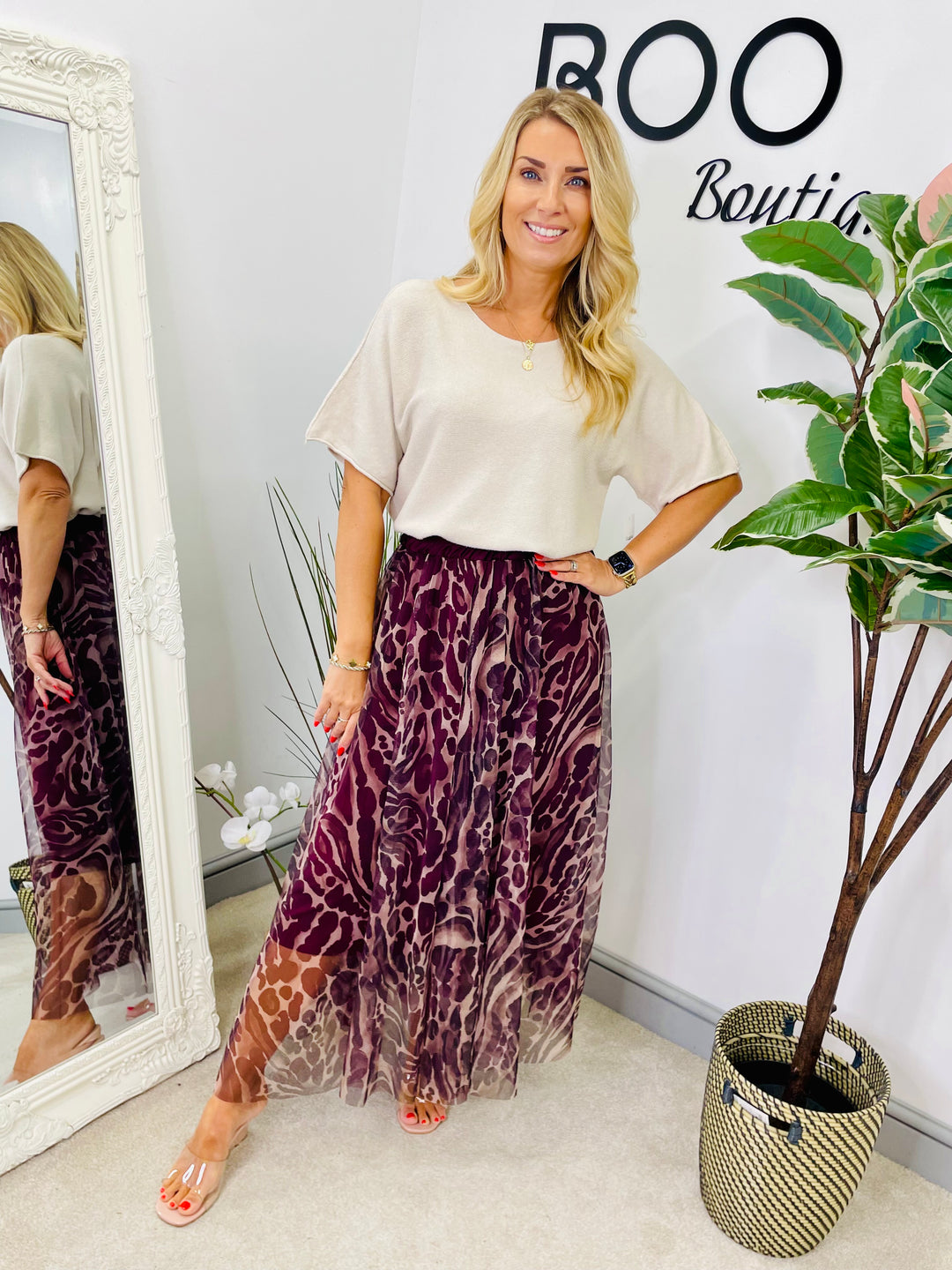 LADIES ANIMAL PRINT TULLE MAXI SKIRT - BLACK, BROWN & BURGUNDY