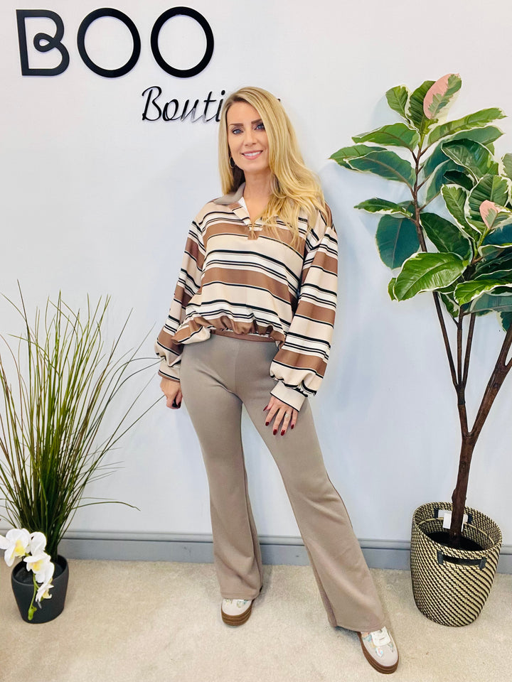 LADIES RUGBY TOP STRAIGHT LEG CO ORD SET - PLUM, MOCHA, BROWN