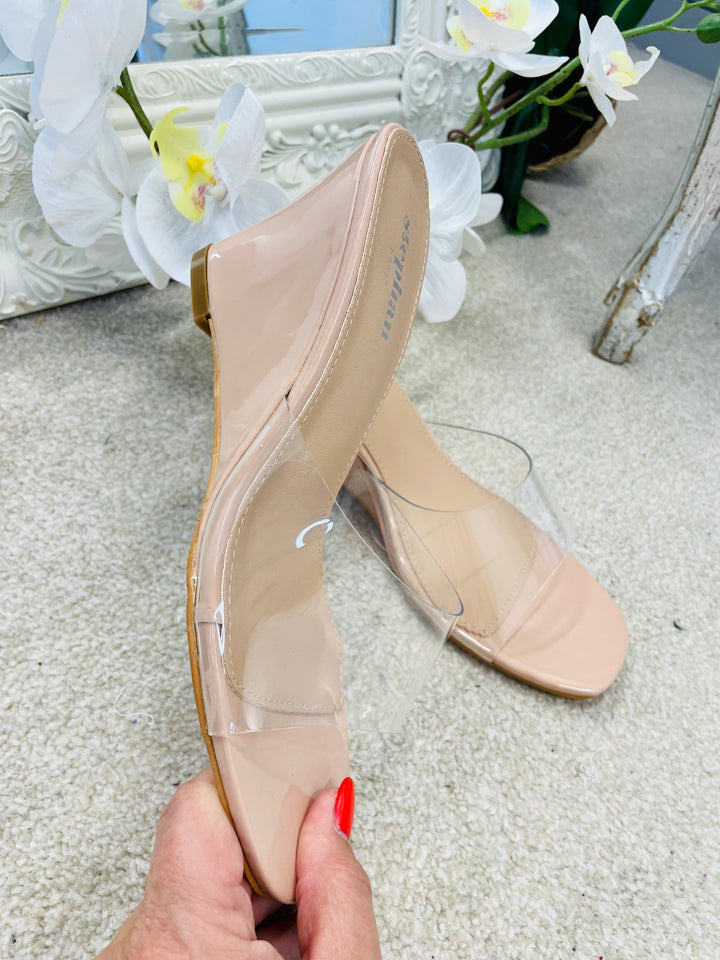 LADIES CLEAR NUDE WEDGE HEEL SUMMER SANDALS 