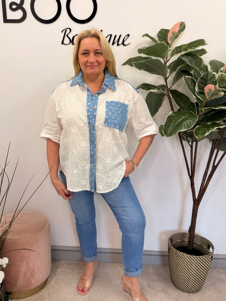 Ladies Fashion White Broderie Anglaise Shirt Blouse