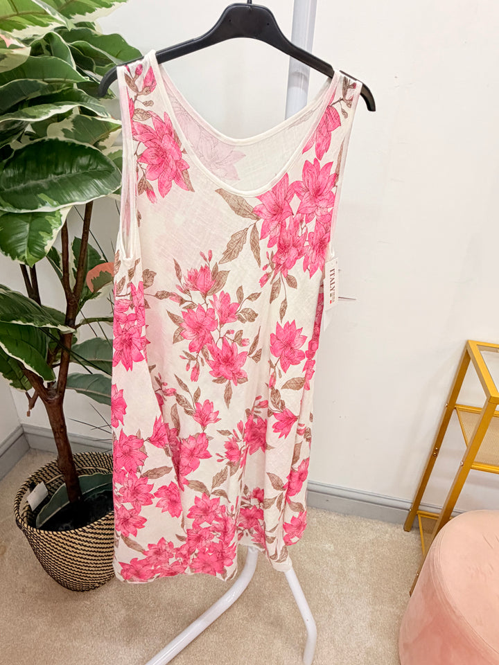 Ladies Flower Print Light Linen Summer Midi Day Dress - Red, Blue, Pink & Khaki