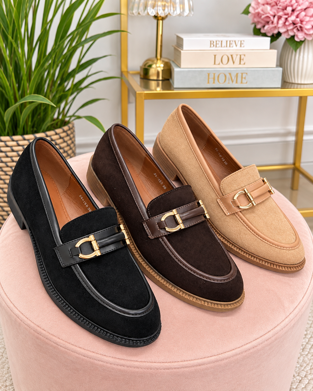 Ladies Fashion Camel black and brown Faux Suede Flat Loafer Shoes 