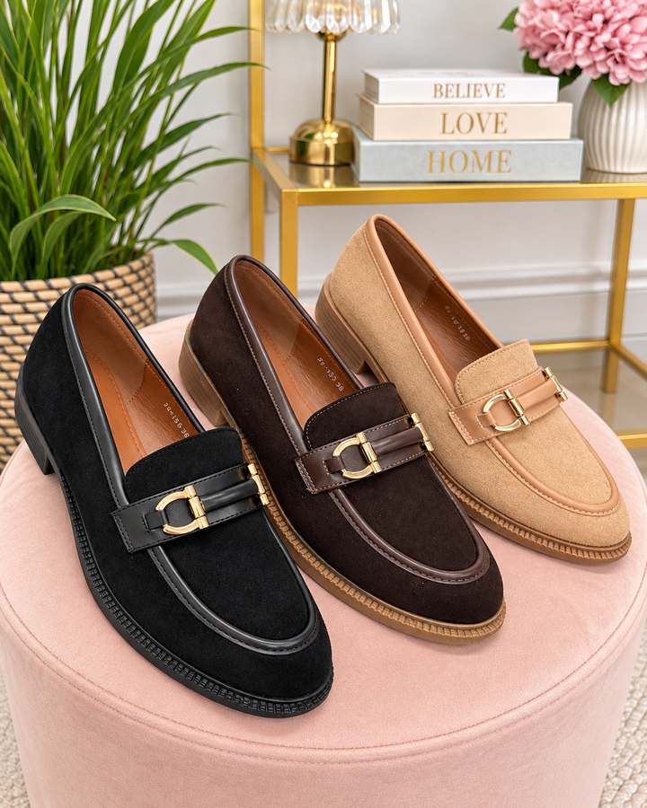 Ladies Fashion Camel black and brown Faux Suede Flat Loafer Shoes 