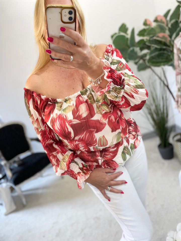 LADIES WOMENS CHIFFON BARDOT TOP - RED, BEIGE, KHAKI