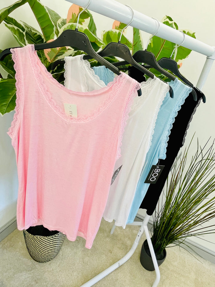 LADIES LACE EDGE STRETCH VEST TOP - BLACK, WHITE, BLUE, PINK