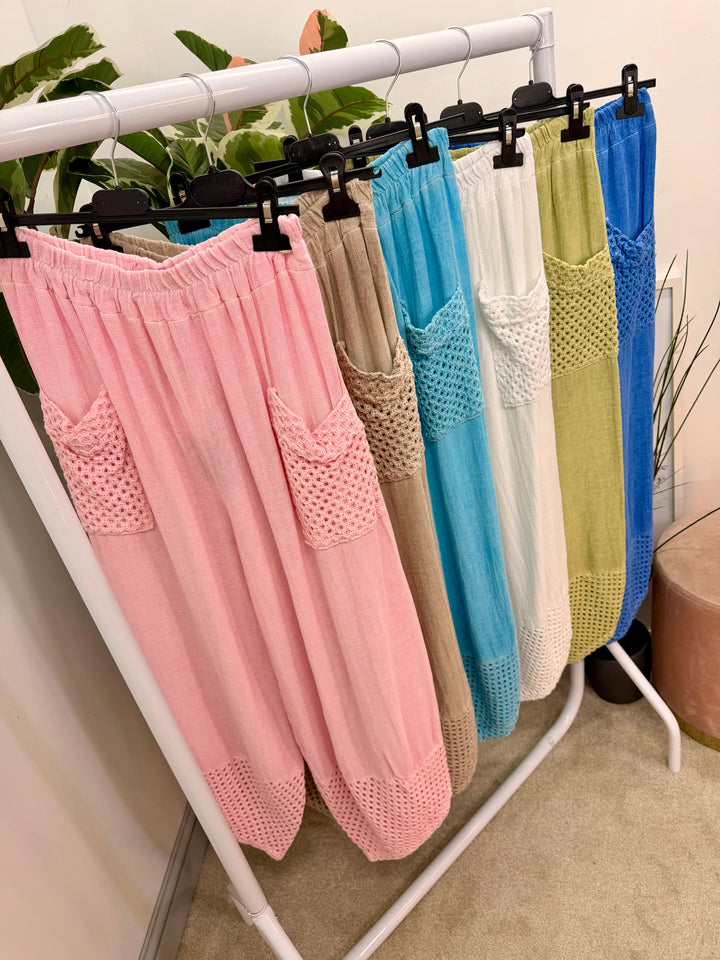 Ladies Crochet Pocket Harem Teabag Linen Trousers 