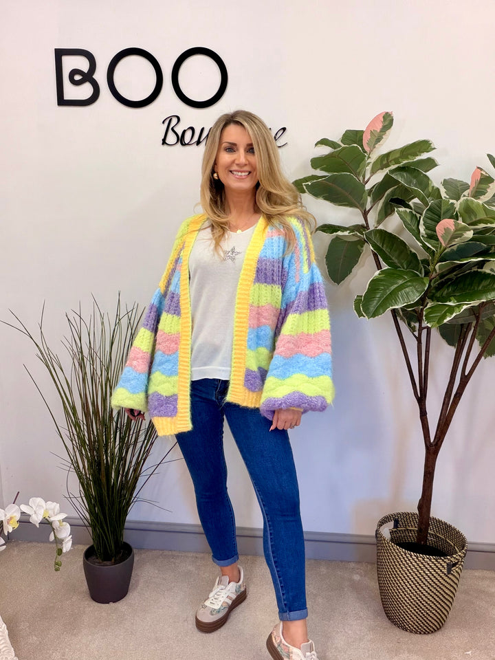 LADIES RAINBOW PASTEL STRIPE CHUNKY KNIT OVERSIZE CARDIGAN
