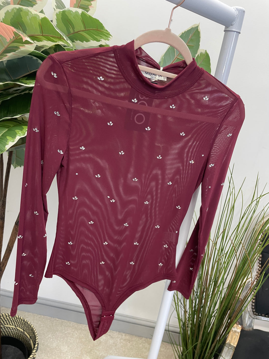 LADIES SHEER DIAMANTE BODYSUIT - BLACK, WINE, BROWN