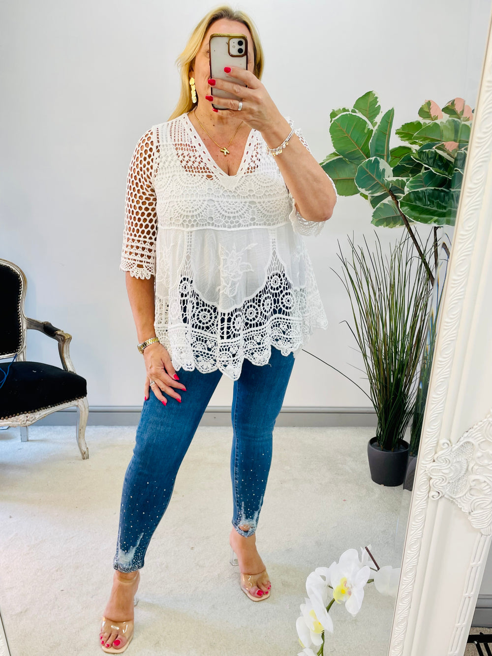 LADIES WOMENS CREAM LACY EMBROIDERED SUMMER TOP