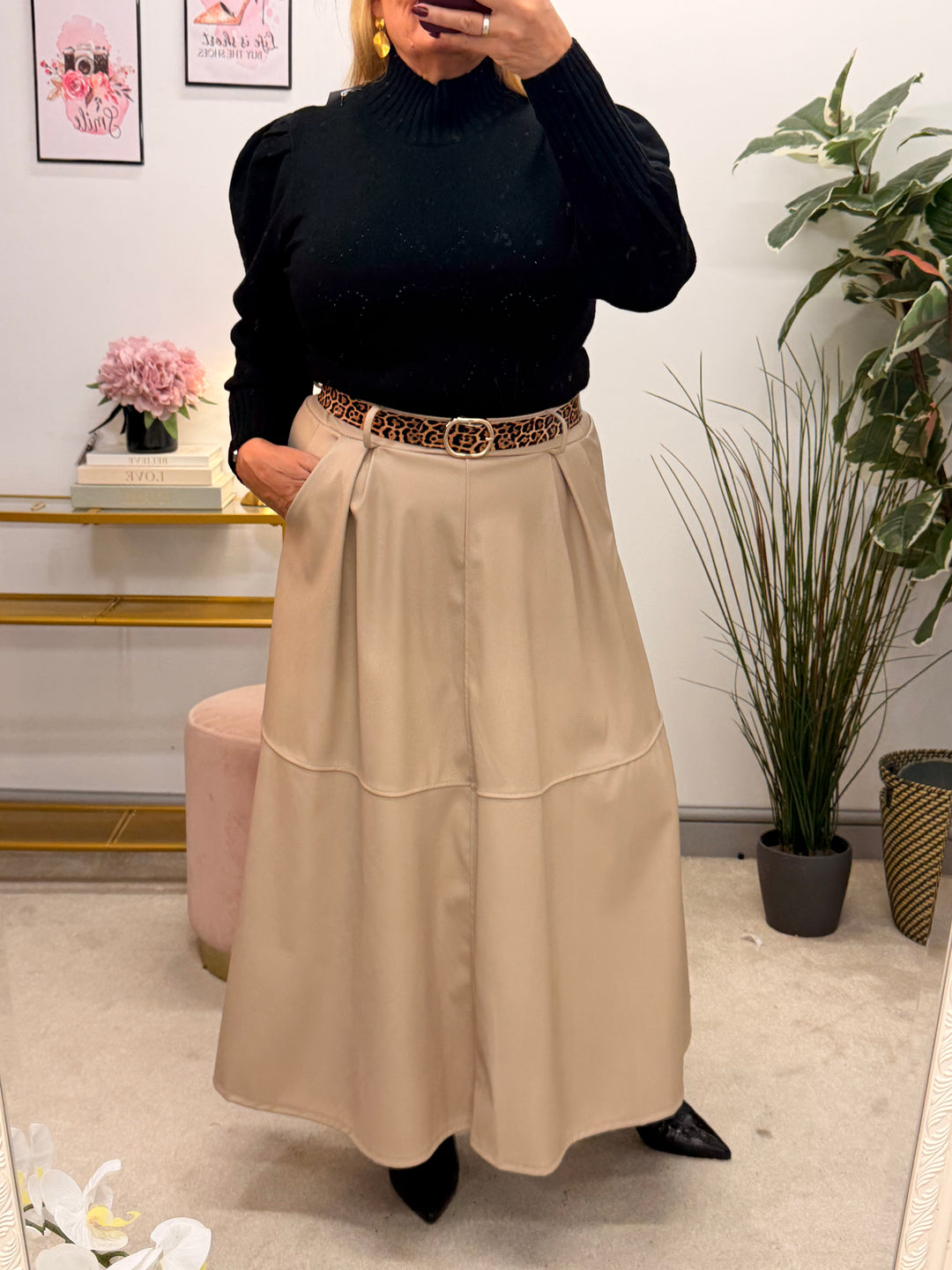 Womens fashion faux leather A line maxi skirt - black, brown & beige