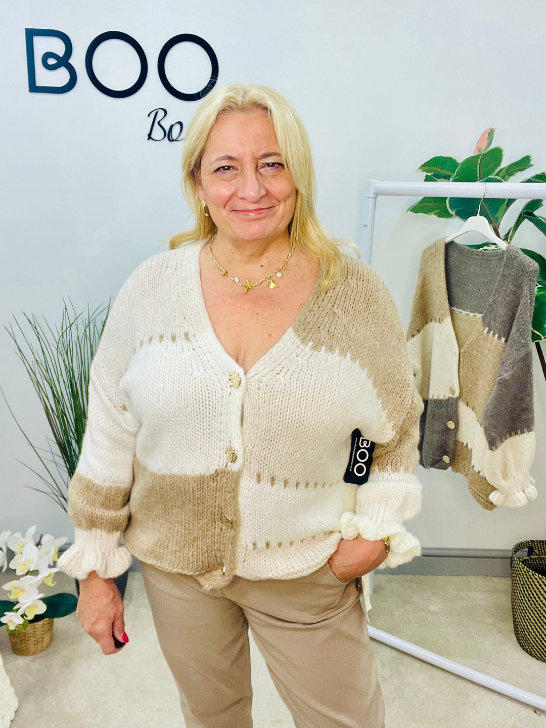 LADIES KNITTED BEIGE CREAM CAMEL FASHION CARDIGAN