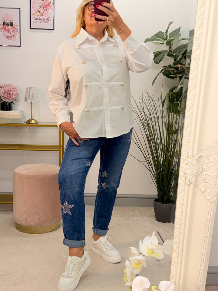 Ladies Fashion White Cotton Military Shirt