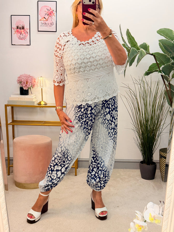 Ladies Fashion Animal Print Harem Balloon Leg Trousers Pants - Blue, White, Wine, Brown & Beige