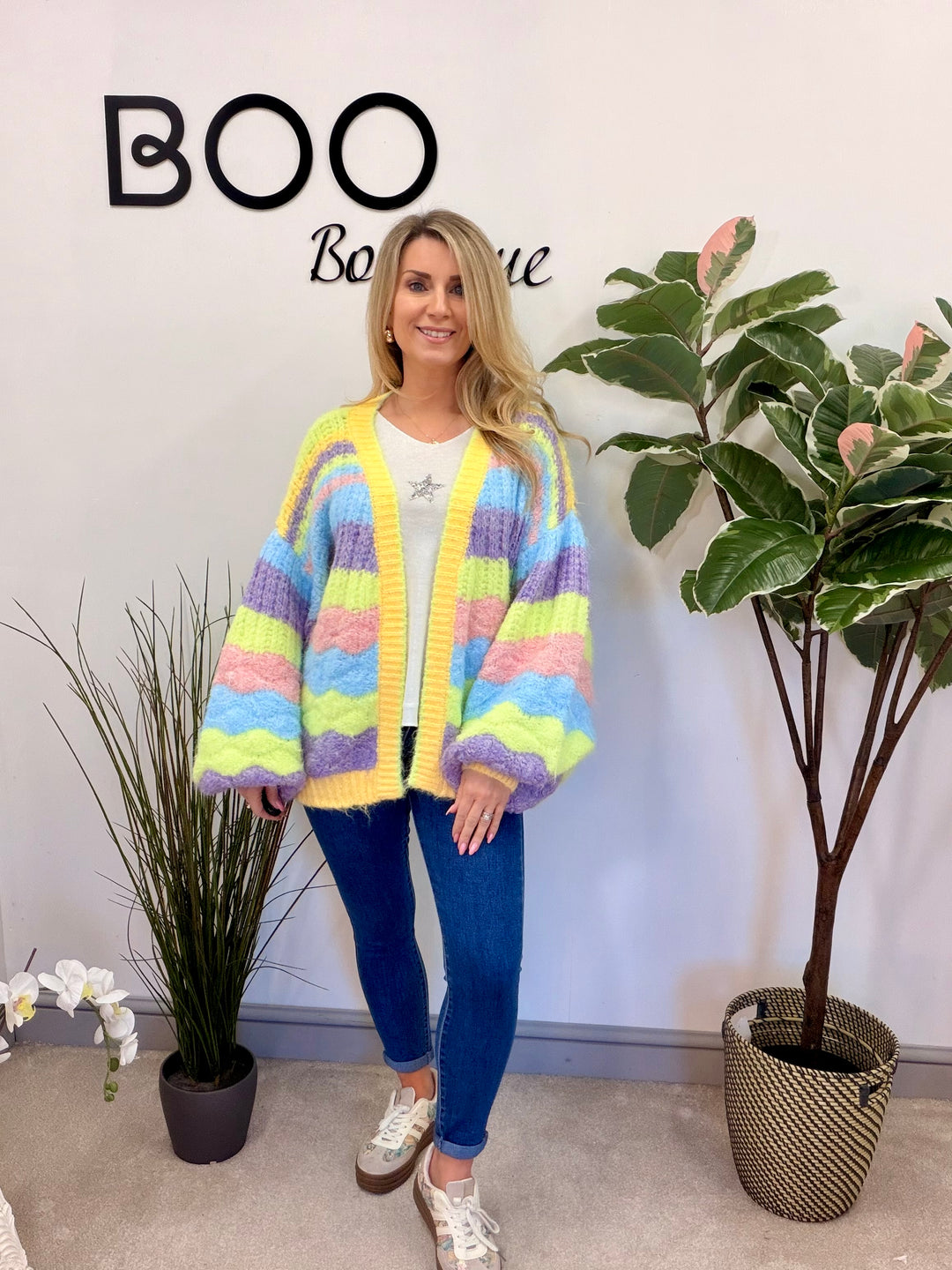 LADIES RAINBOW PASTEL STRIPE CHUNKY KNIT OVERSIZE CARDIGAN