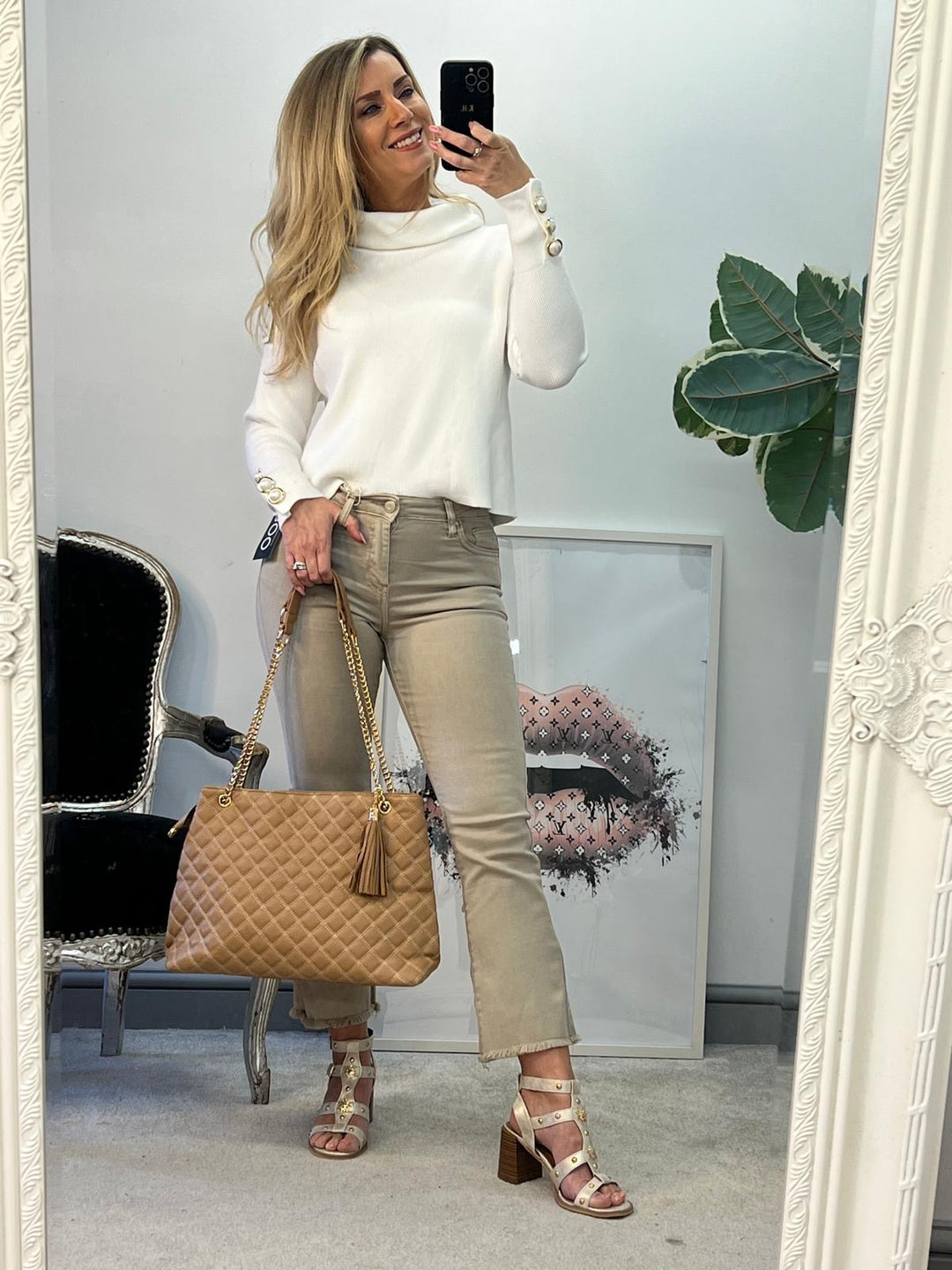 Ladies Fashion Inspired Quilted Chain Strap Tote Bag - black, beige & brown