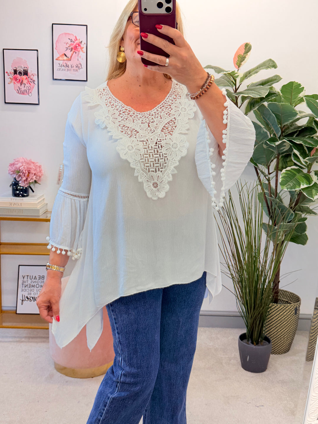 Ladies White Lacy Floaty Summer Top