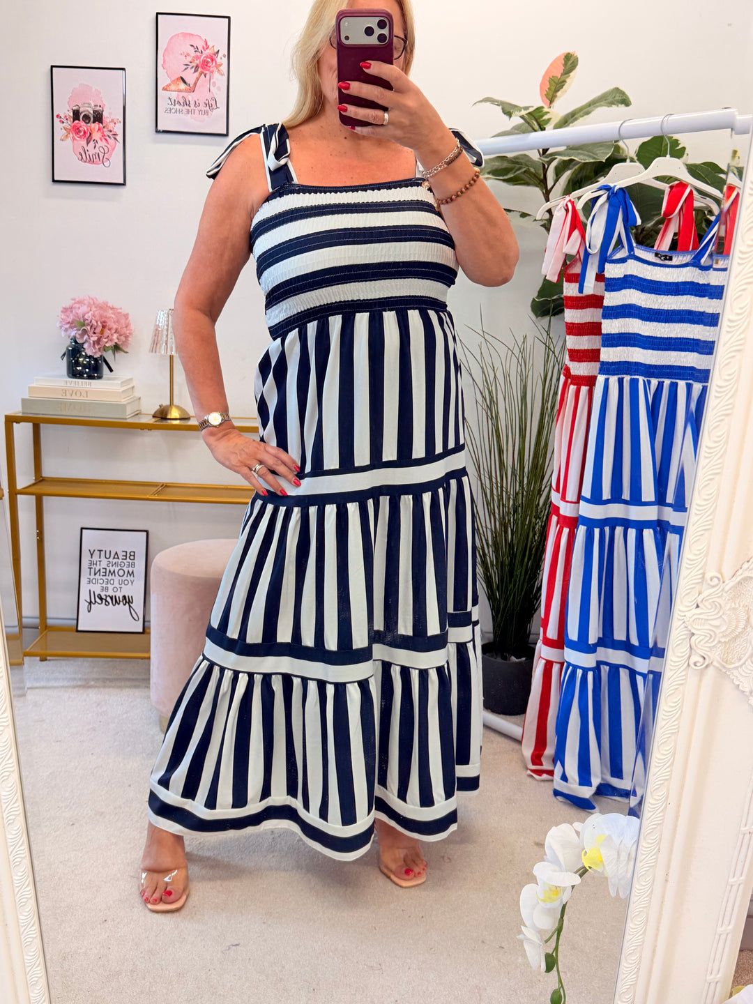 Ladies Candy Stripe Summer Sun Maxi Dress - Royal Blue, Navy & Red