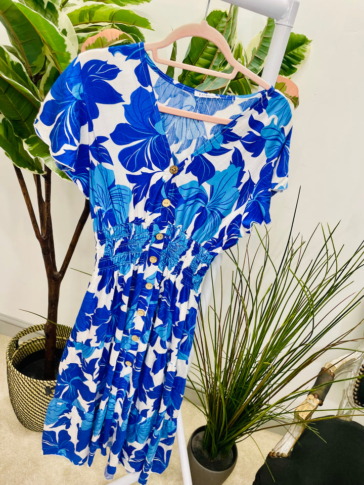 LADIES LEAF PRINT SUMMER EASY WEAR DAY DRESS - BLUE, ORANGE & PINK