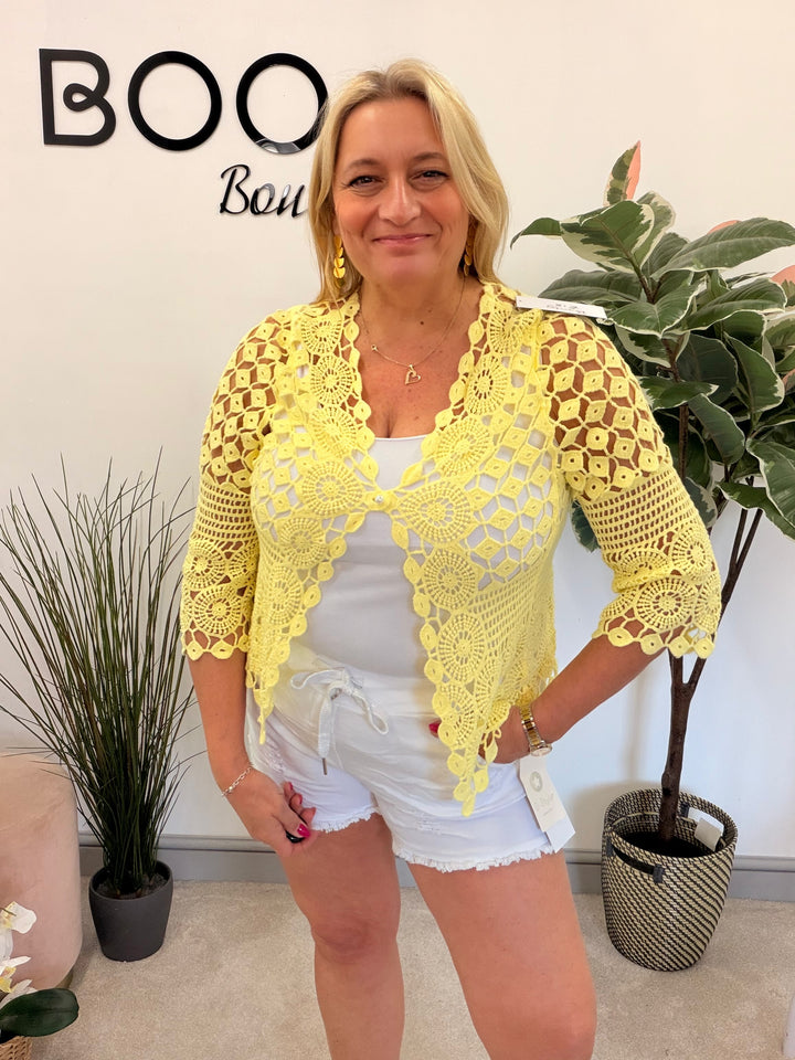 Ladies Fashion Crochet Bolero Cardigan - White, Peach, Blue, Pink, Lemon